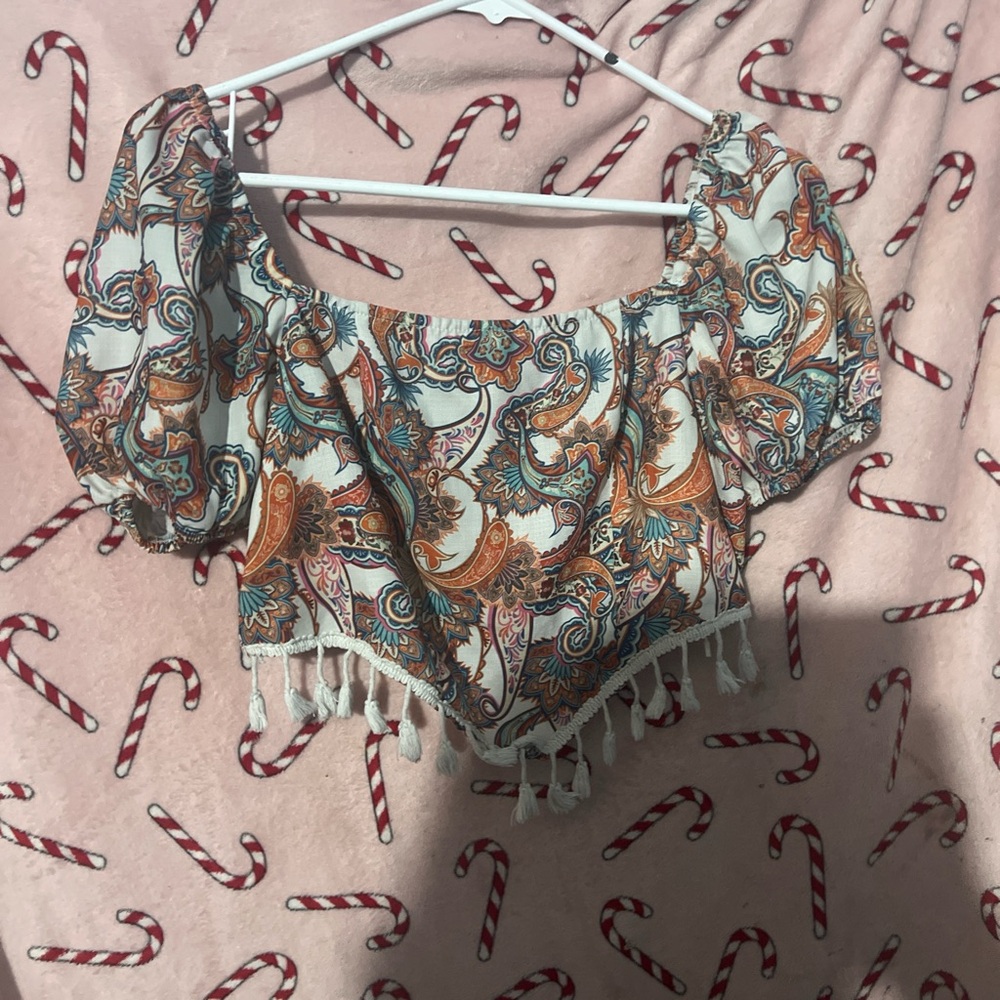 Paisley Print Crop Top with Tassels